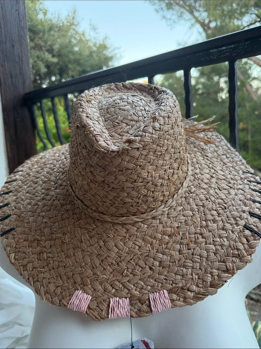 NWT Sun Hat Brown Tan Straw 100% paper hand Stitched details OS rancher floppy